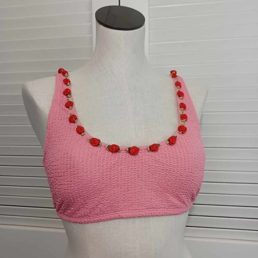 Betsey Johnson Scrunch Bunch Rose Bikini Top Pink Rosettes - Picture 9 of 11